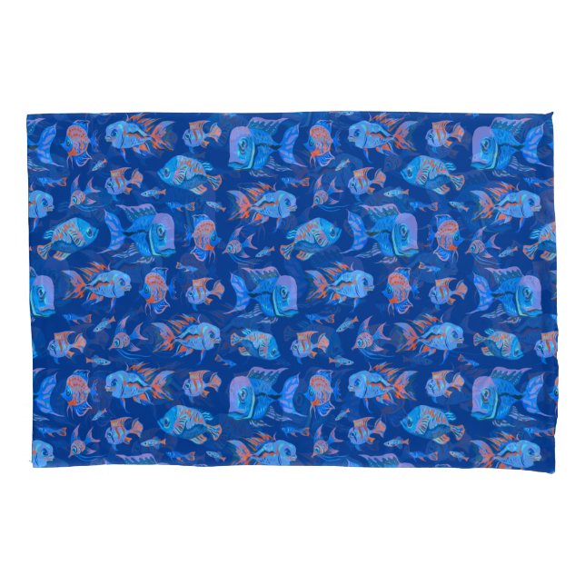 Fun tropical fishes on blue pillow case (Front)