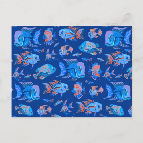 Fun tropical fishes on blue postcard