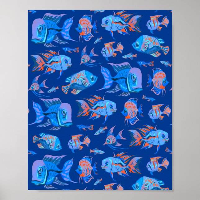 Fun tropical fishes on blue poster (Front)