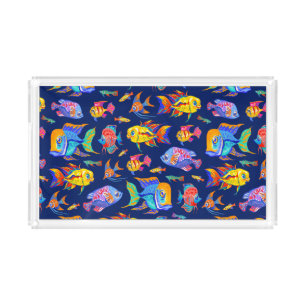 Fun tropical fishes on dark blue acrylic tray