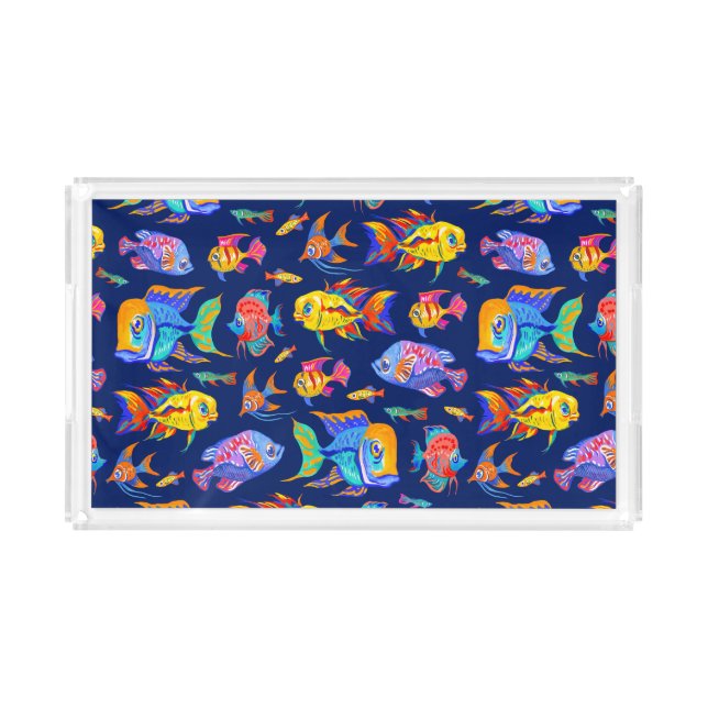 Fun tropical fishes on dark blue acrylic tray (Front)