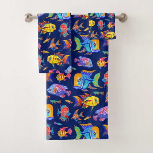 Fun tropical fishes on dark blue bath towel set
