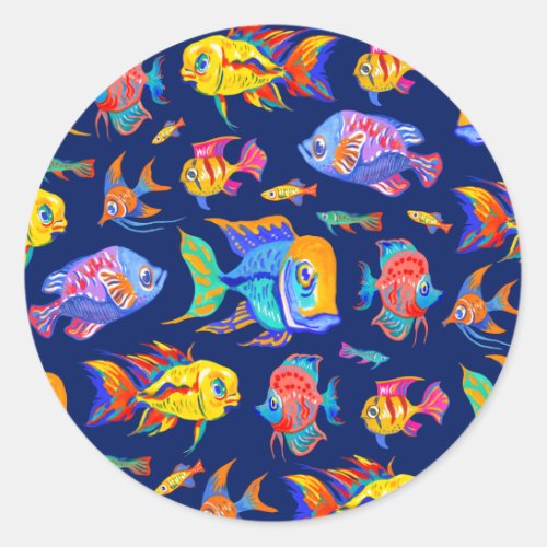 Fun tropical fishes on dark blue classic round sticker