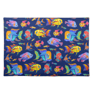 Fun tropical fishes on dark blue cloth placemat