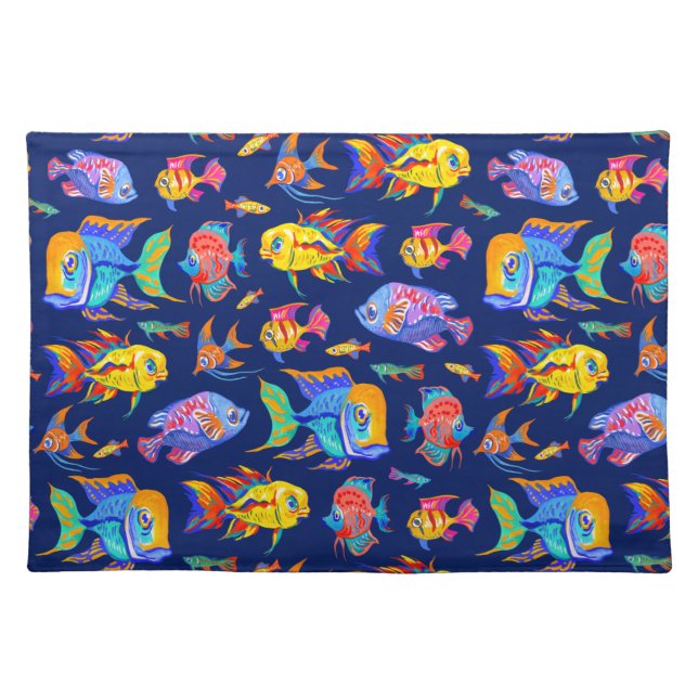 Fun tropical fishes on dark blue cloth placemat (Front)