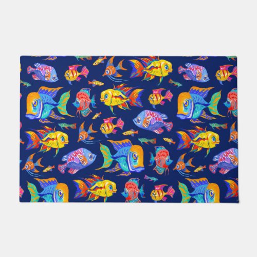 Fun tropical fishes on dark blue doormat