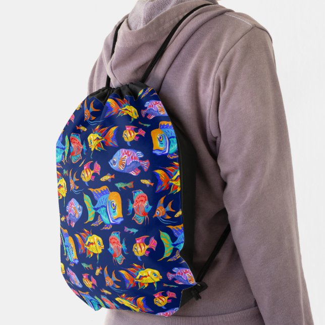 Fun tropical fishes on dark blue drawstring bag (Insitu)