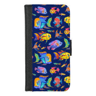 Fun tropical fishes on dark blue iPhone 8/7 wallet case