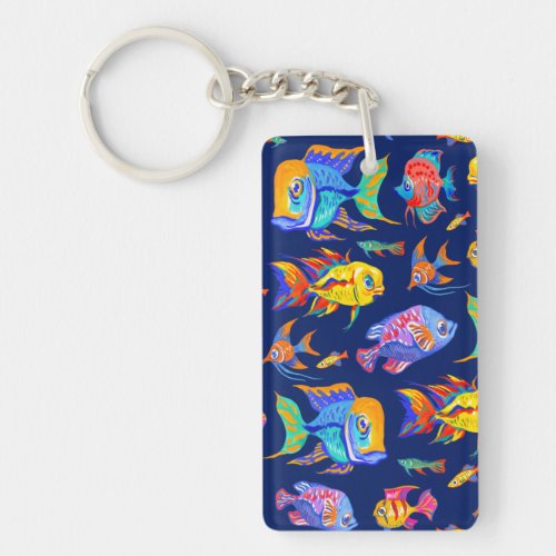 Fun tropical fishes on dark blue keychain