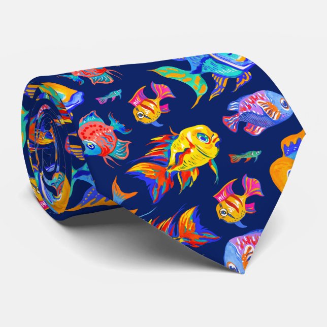 Fun tropical fishes on dark blue neck tie (Rolled)