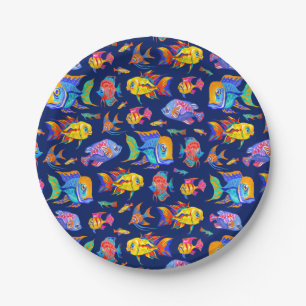 Fun tropical fishes on dark blue paper plates