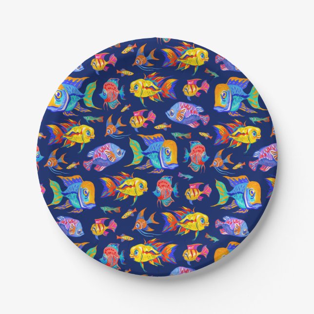 Fun tropical fishes on dark blue paper plates (Front)