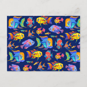 Fun tropical fishes on dark blue postcard