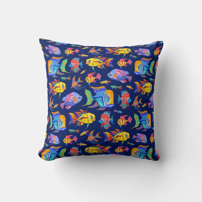 Fun tropical fishes on dark blue throw pillow (Front)