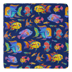 Fun tropical fishes on dark blue trivet