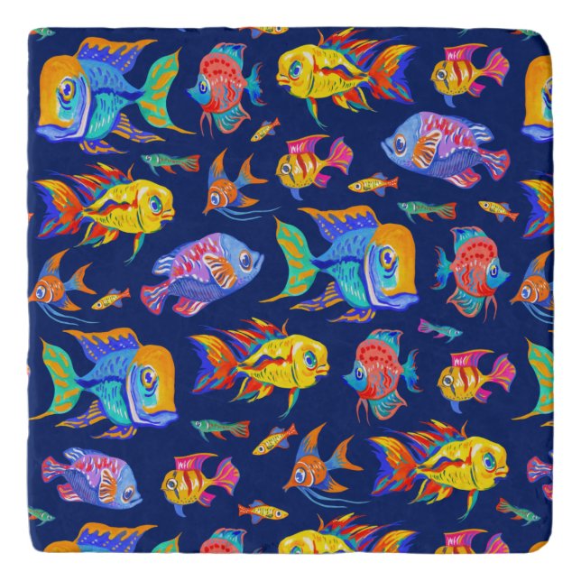 Fun tropical fishes on dark blue trivet (Front)