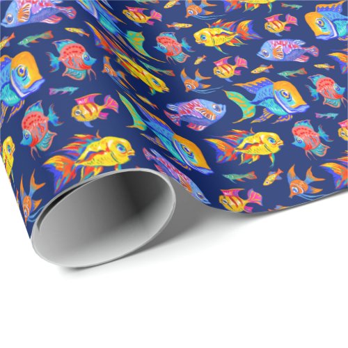 Fun tropical fishes on dark blue wrapping paper