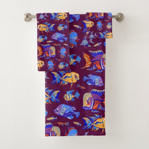 Fun tropical fishes on dark purple bath towel set