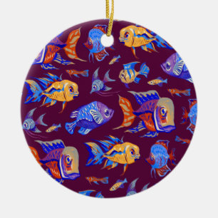 Fun tropical fishes on dark purple ceramic ornament