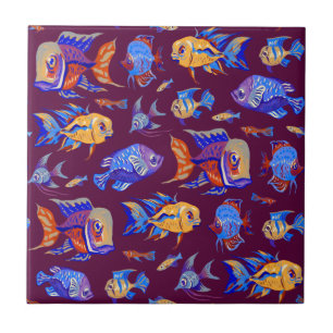 Fun tropical fishes on dark purple ceramic tile