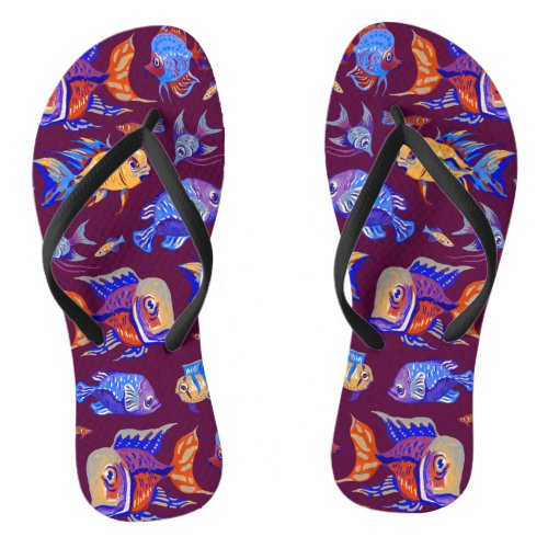 Fun tropical fishes on dark purple flip flops