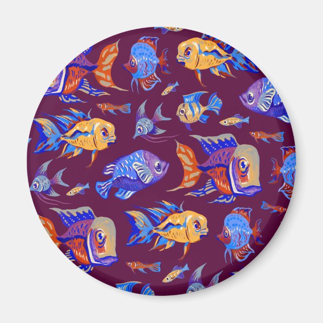 Fun tropical fishes on dark purple magnet (Front)