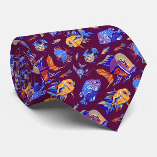 Fun tropical fishes on dark purple neck tie