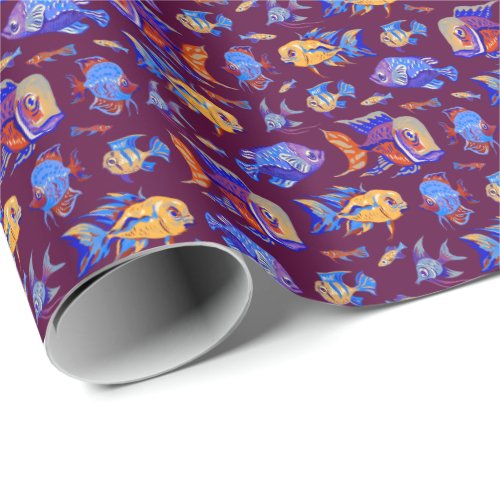 Fun tropical fishes on dark purple wrapping paper
