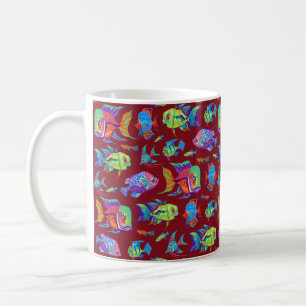 Fun tropical fishes on dark red coffee mug