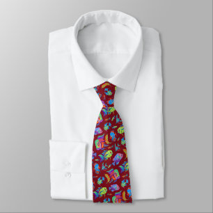 Fun tropical fishes on dark red neck tie
