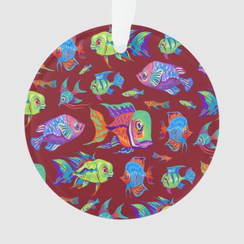 Fun tropical fishes on dark red ornament