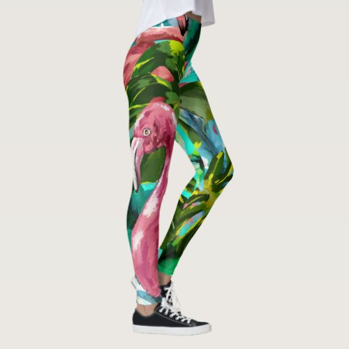 Fun Tropical  Green Palm Pink Flamingos Vacation Leggings