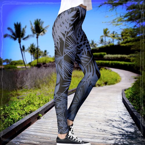 Fun tropical navy blue palm leaf botanical pattern leggings