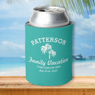 Personalized Beach Vacation Coolies or Can Koozies with White Palms