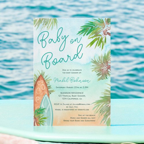 Fun Tropical palm trees beach baby on board shower Invitation