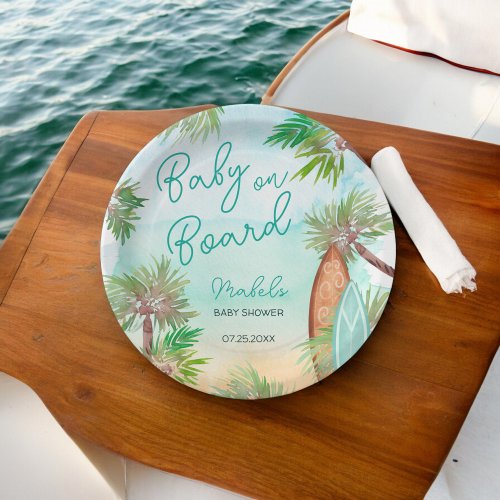 Fun Tropical palm trees beach baby on board shower Paper Plates
