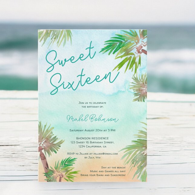 Fun Tropical palm trees watercolor beach Sweet 16 Invitation (Fun Tropical palm trees watercolor beach Sweet 16 Invitation)