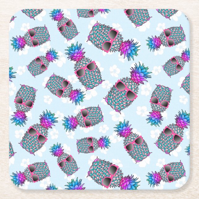 Fun Tropical Pineapple Floral Square Paper Coaster (Front)
