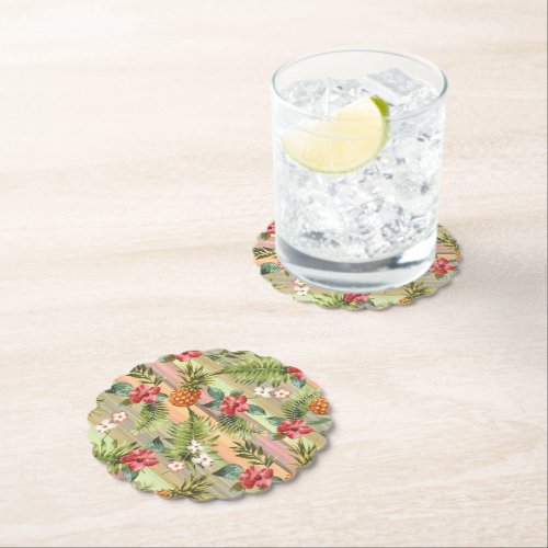 Fun Tropical Pineapple Fruit Floral Leaves Pattern Paper Coaster
