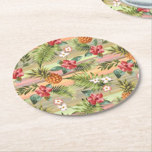 Fun Tropical Pineapple Fruit Floral Leaves Pattern Round Paper Coaster
