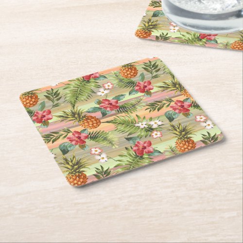 Fun Tropical Pineapple Fruit Floral Leaves Pattern Square Paper Coaster
