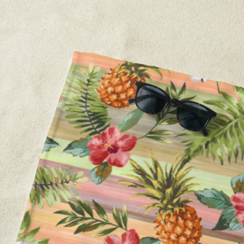 Fun Tropical Pineapple Fruit Floral Pattern Beach Towel