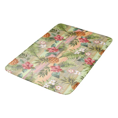 Fun Tropical Pineapple Fruit Floral Stripe Pattern Bath Mat