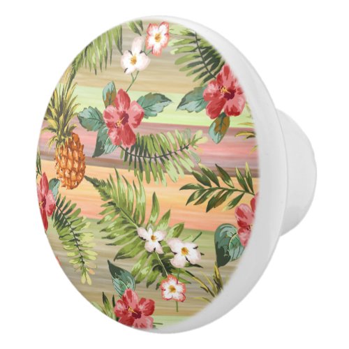 Fun Tropical Pineapple Fruit Floral Stripe Pattern Ceramic Knob