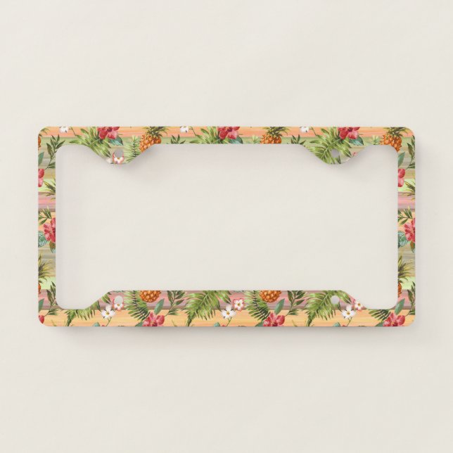 Fun Tropical Pineapple Fruit Floral Stripe Pattern License Plate Frame (Front)