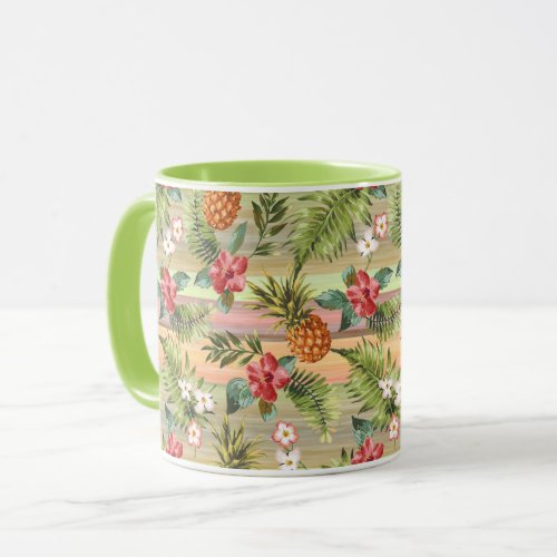 Fun Tropical Pineapple Fruit Floral Stripe Pattern Mug