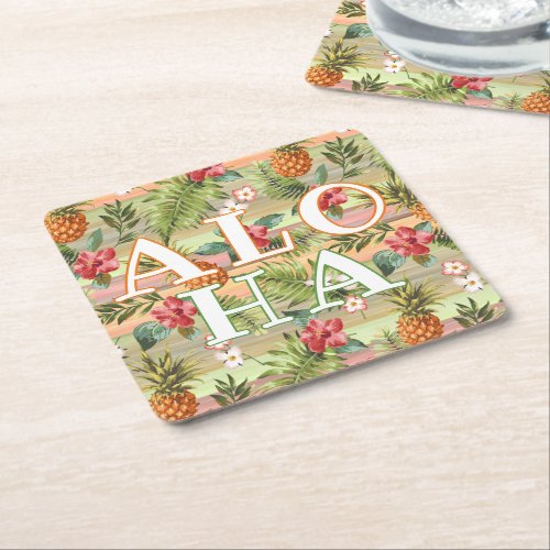 Fun Tropical Pineapple Fruit Floral Stripe Pattern Square Paper Coaster