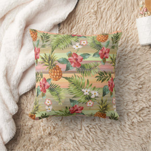 Fun Tropical Pineapple Fruit Floral Stripe Pattern Throw Pillow