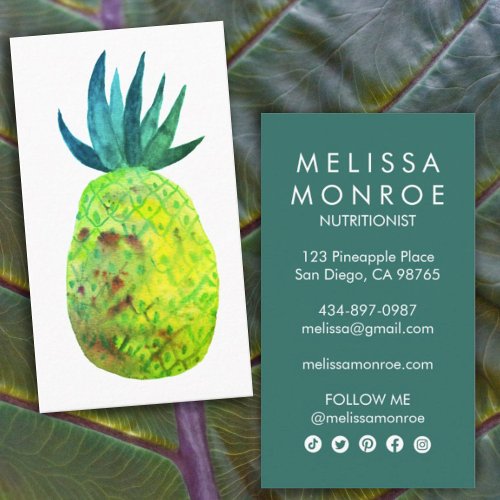 Fun Tropical Pineapple Watercolor Teal Lime Bright Business Card