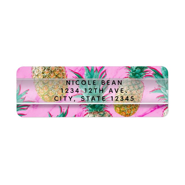 Fun Tropical Pineapples & Pink Marble Chic Party Label (Front)